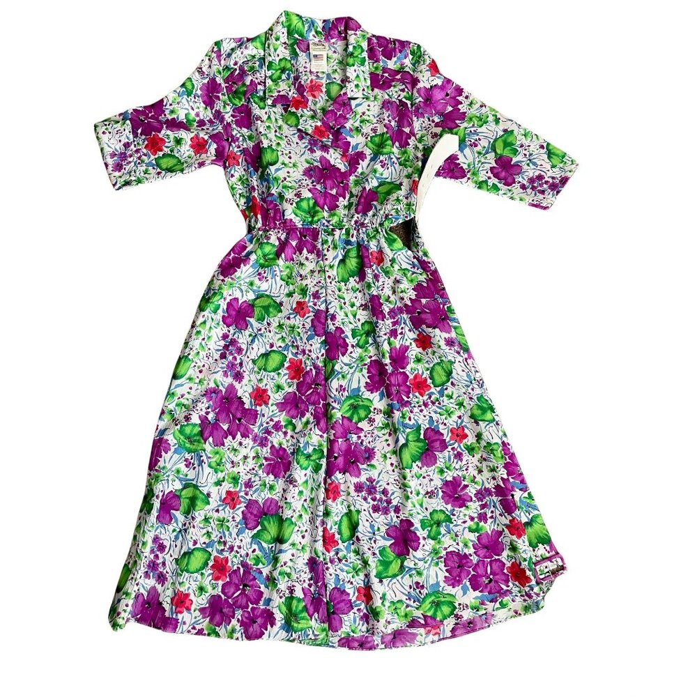 Floral Collared Midi Dress in Purple & Green